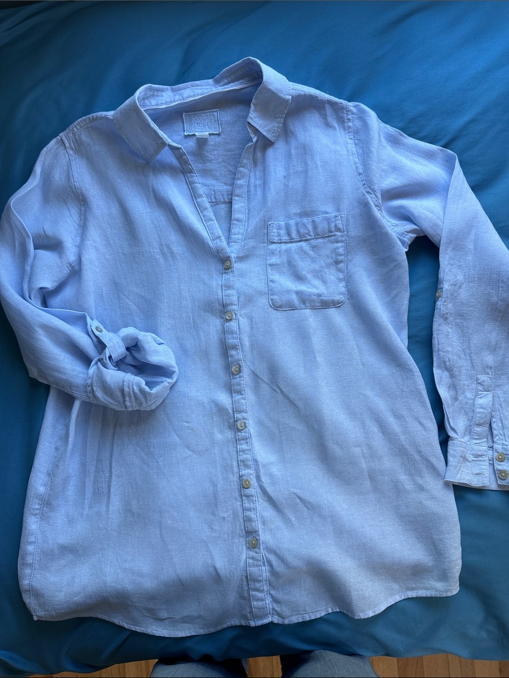 Sigrid Olsen 100% Linen Shirt Womens M Chambray Blue Button Down Roll Tab Sleeve